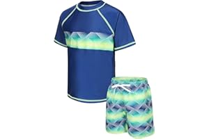 Moon Tree Boys Rash Guard Set for Boys 2 Piece Swimsuits Short Sleeve Bathing Suits with Trunks Quick Dry Swim Shirts
