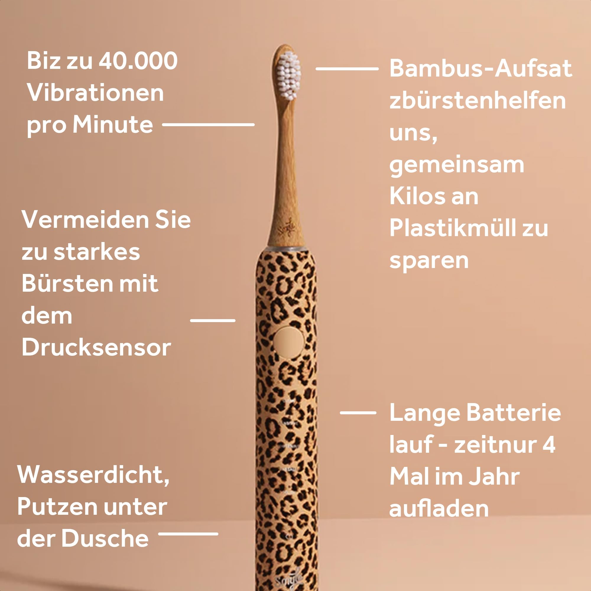 Smyle zahnbürste - Schallzahnbürste mit Drucksensor – Elektrische Zahnbürste mit 4 Monate Akku, 40.000 Vibrationen/min, 5 Modi, Timer, USB-C, 2 Bürstenköpfe, wasserdicht – Panter 8