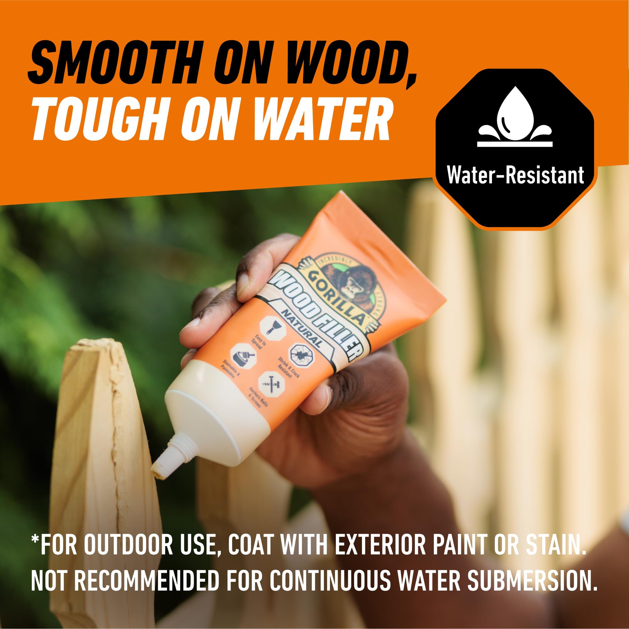 Gorilla All Purpose Wood Filler, Natural Color, 6 Ounce Tube (Pack of 1) - Water Resistant for Indoor or Outdoor Projects and Repairs