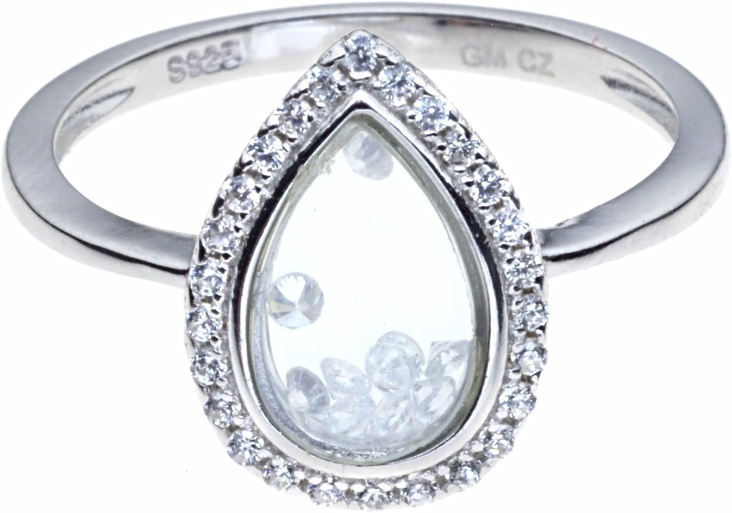 pear teardrop ring with free moving crystals between two crystals in sterling silver