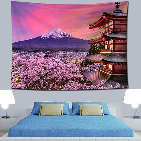 Amazon Co Jp Hakona 自然風景 タペストリー 壁掛け 大判 富士山 桜 寺 町 赤い空おしゃれ 北欧 多機能壁掛け 背景布 模様替え カーテン 間仕切り お店 気分転換 個性ギフト 新居祝い 150x100 ホーム キッチン
