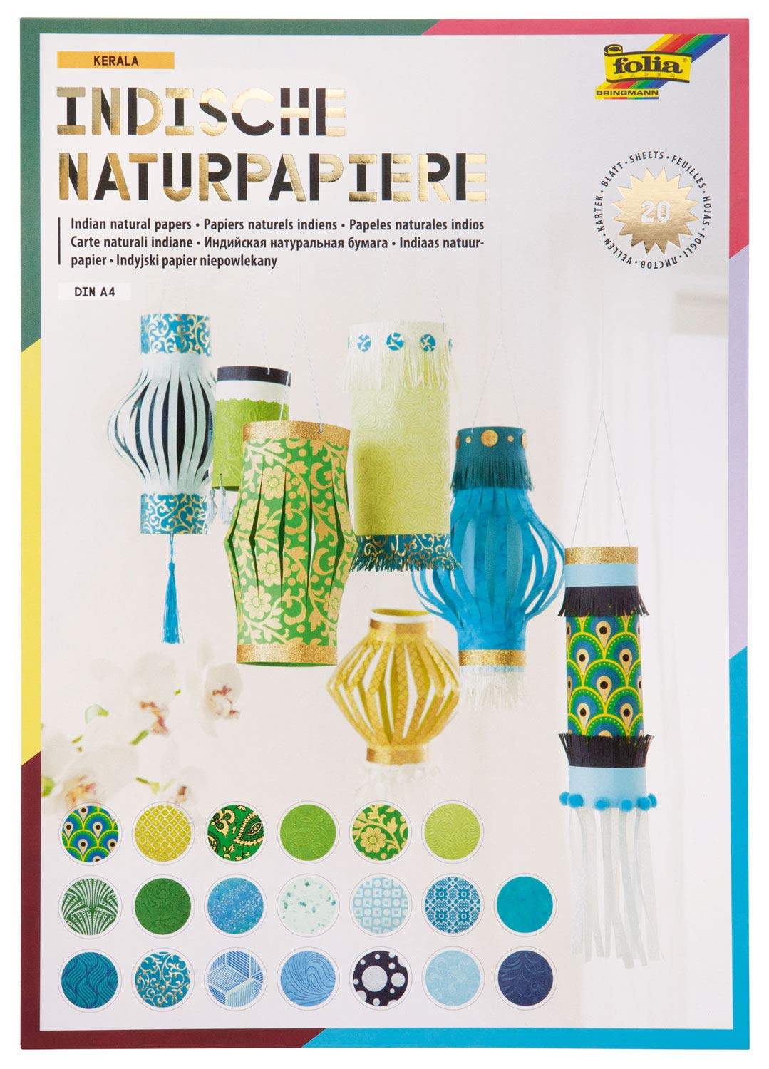 folia 550401 Creative Pad Colours of India Kerala, Handmade Paper, 20 Sheets Assorted in and Designs, DIN A4 - Ideal for Greeting Cards, Scrapbooking and Elegant Crafts