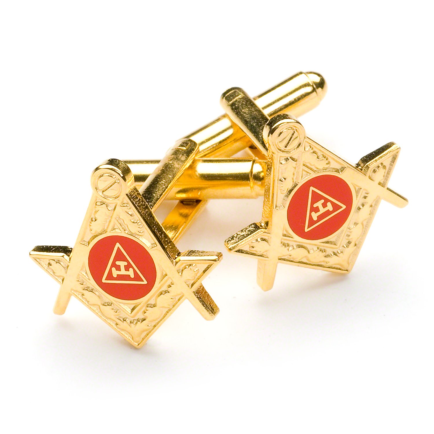 THE MASONIC COLLECTION - Royal Arch Masonic Tau symbol (Square and Compass shaped) Red Cufflinks - Gold plated - With Velvet Pouch/Cufflink Box - Freemason Gift For Men
