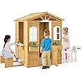 Costzon Outdoor Playhouse, Fir Wood Patio Pretend Play Center w/Bench, Mailbox, Fence, Serving Stations, Flowerpot Holders, Windows & Door, Children Play House for 2+ Years Old Kids
