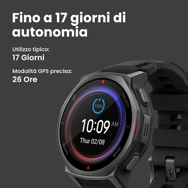 T-Rex 3 Pro Smartwatch Outdoor 44 mm Display AMOLED in zaffiro, torcia integrata, ghiera in titanio, GPS Dual-Band, mappe offline, fino a 17 giorni di autonomia, 10 ATM, 180+ modalità sportive