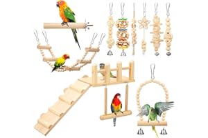 SONWYOUNG 10 Pcs Bird Toys for Parakeets Cage Accessories Parrot Swing Toys and Wooden Perches Platform with Climbing Ladder for Chewing Standing Hanging Swinging Training Budgerigar Conure Cockatiel Finches
