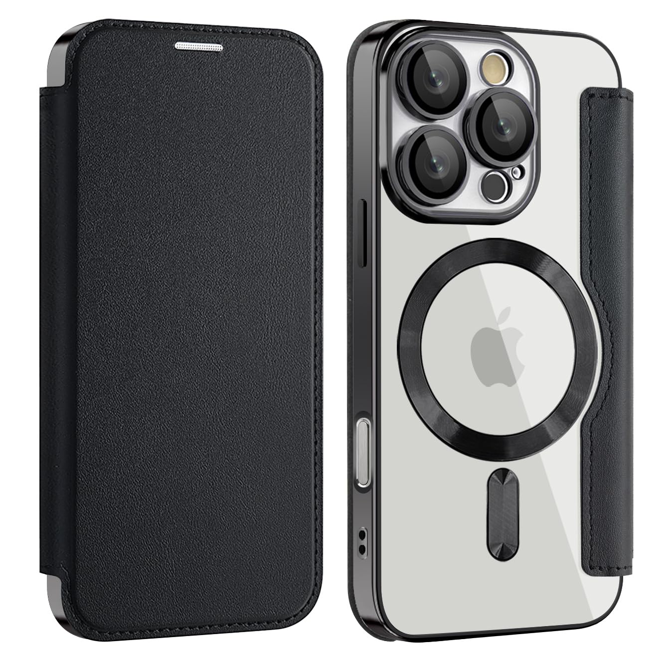 Unichthy Flip Case for iPhone 16 Pro Max Clear Cover Support MagSafe |RFID Blocking| Wallet Purse Shockproof Leather Individual Protection for Each Lens Phone Skin for iPhone 16 Pro Max Black