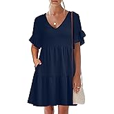 Caracilia Dresses for Women Summer Casual 2026 Ruffle Short Sleeve A Line Tiered Flowy Cute V Neck Mini Beach Dress Pockets