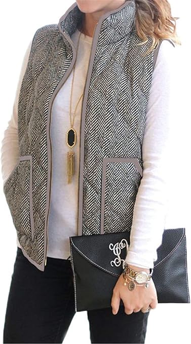 onlypuff Work Vest for Women with Pockets Gray Sleeveless Stand Collar Coat Vest with Pockets L