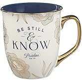 Christian Art Gifts Inspirational Novelty Large Ceramic Scripture Coffee & Tea Mug for Women: Be Still & Know Encouraging Bible Verse, Cute Gold Floral Non-toxic Beverage Cup, White & Navy Blue, 14 oz