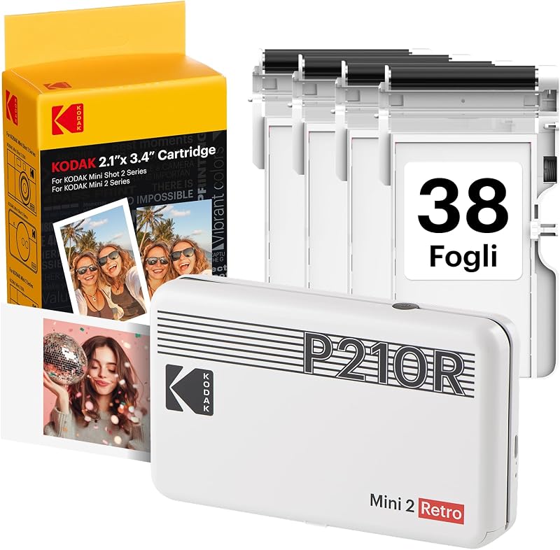 Mini 2 Retro 4PASS Stampante Fotografica Portatile (5.3x8.6cm) + Pacchetto con 38 Fogli, Bianco