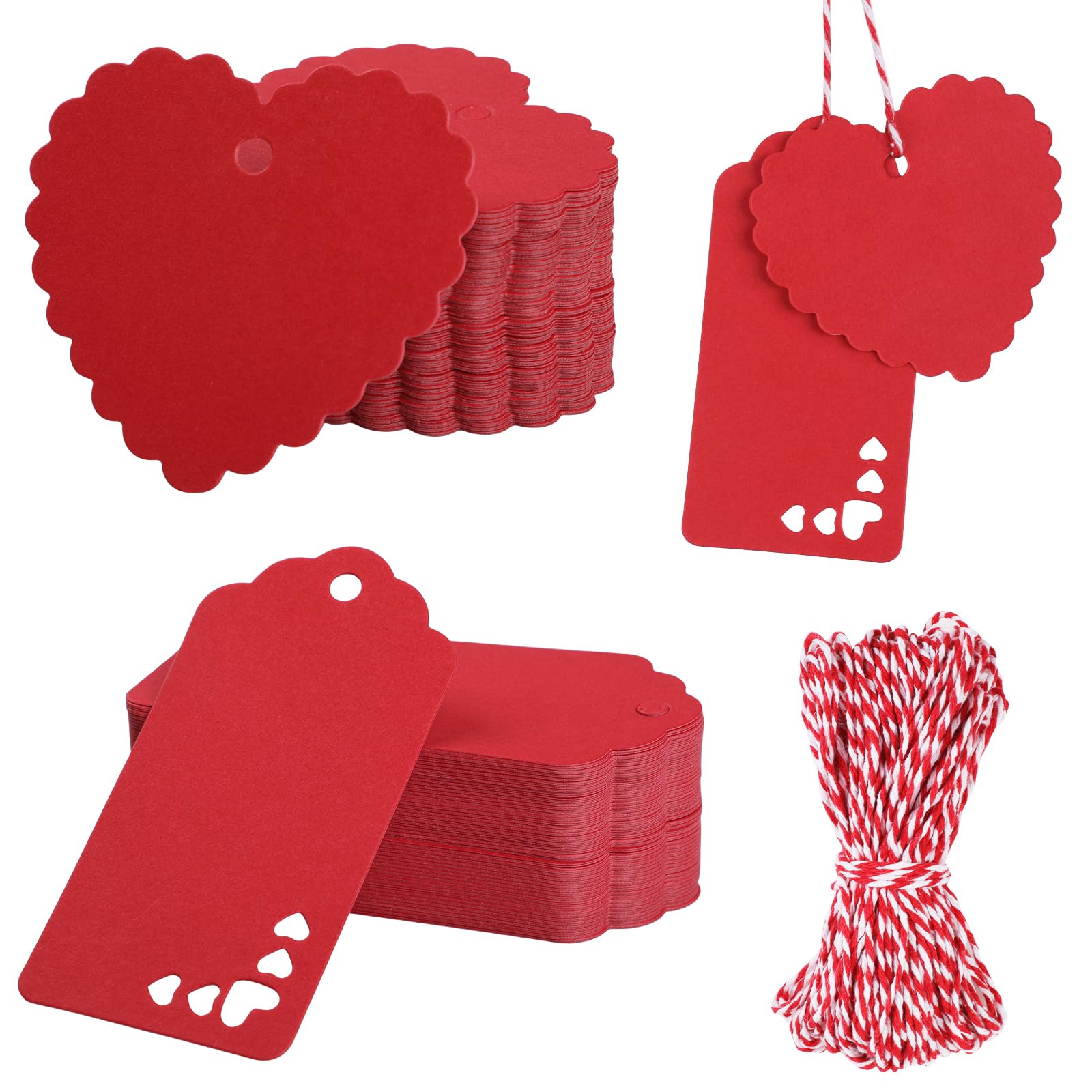 Bighan 200 Pcs Gift Tags Valentine's Day Red with 20M String, Hanging Kraft Paper Tags for Arts & Craft, Luggage Label, Weddings, Valentines & Christmas