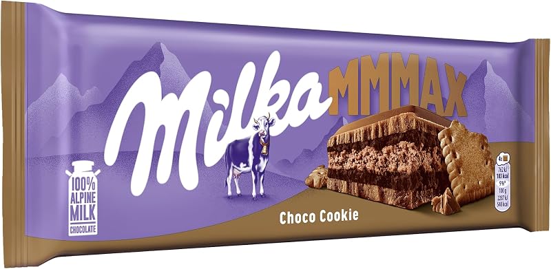 Milka mmmax choco cookie barra grande de chocolate ao leite alpino com camada de biscoito de cacau e camada dupla de recheio de creme de cacau 300g
