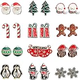 Christmas Stud Earrings for Women Chirstmas Tree Snowflake Bow Gift Box Santa Claus Gingerbread Earrings Set Xmas Holiday Gifts (A-12 Pairs)
