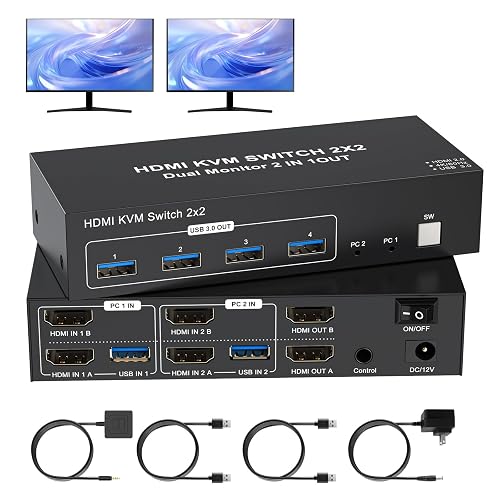 4K HDMI KVM Switch 2 Monitors 2 Computers 4K@60Hz, TAILAIERA Dual ...