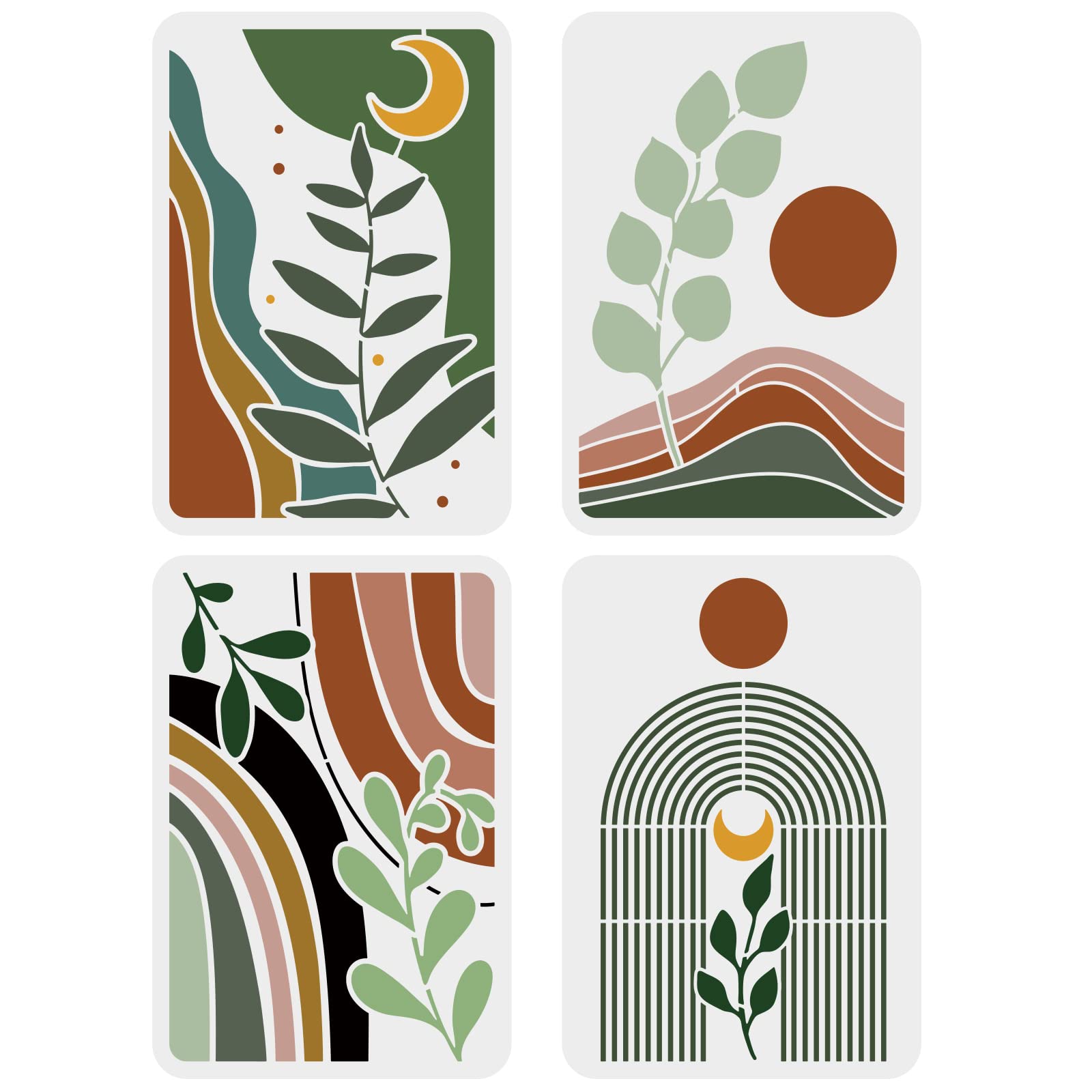 FINGERINSPIRE 4PCS Boho Sunrise Stencils 29.7x21cm Tropical Plant Leaves Stencil Sun Moon Reusable Stencils Large Valley Scene Template River Painting Stencil for Wood Canvas Paper