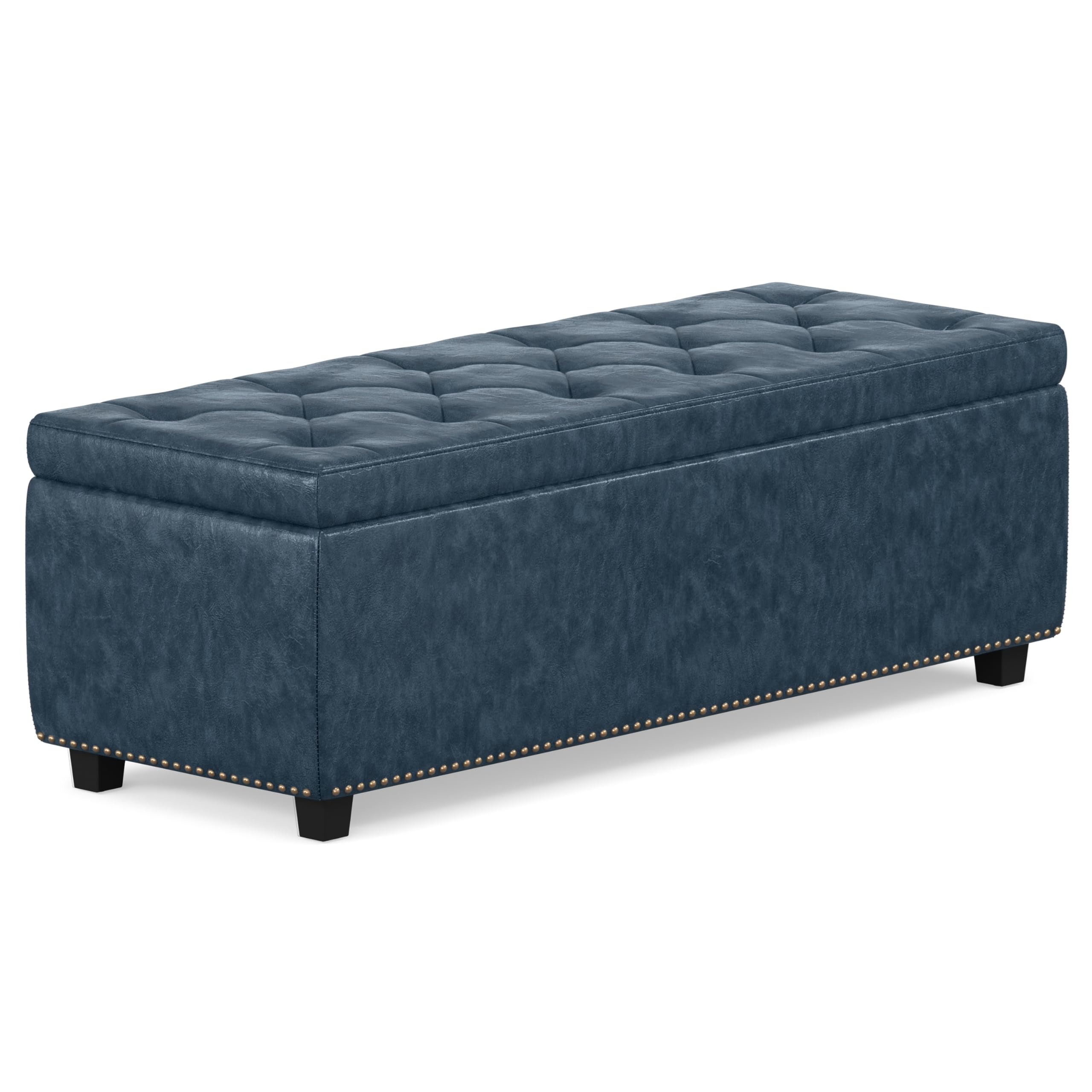 SIMPLIHOME Hamilton 48 inch Wide Traditional Rectangle Storage Ottoman in Denim Blue Vegan Faux Leather, Assembled, For the Living Room, Entryway and Family Room Image SIMPLIHOME Hamilton 48 inch Wide Traditional Rectangle Storage Ottoman in Denim Blue Vegan Faux Leather, Assembled, For the Living Room, Entryway and Family Room Image