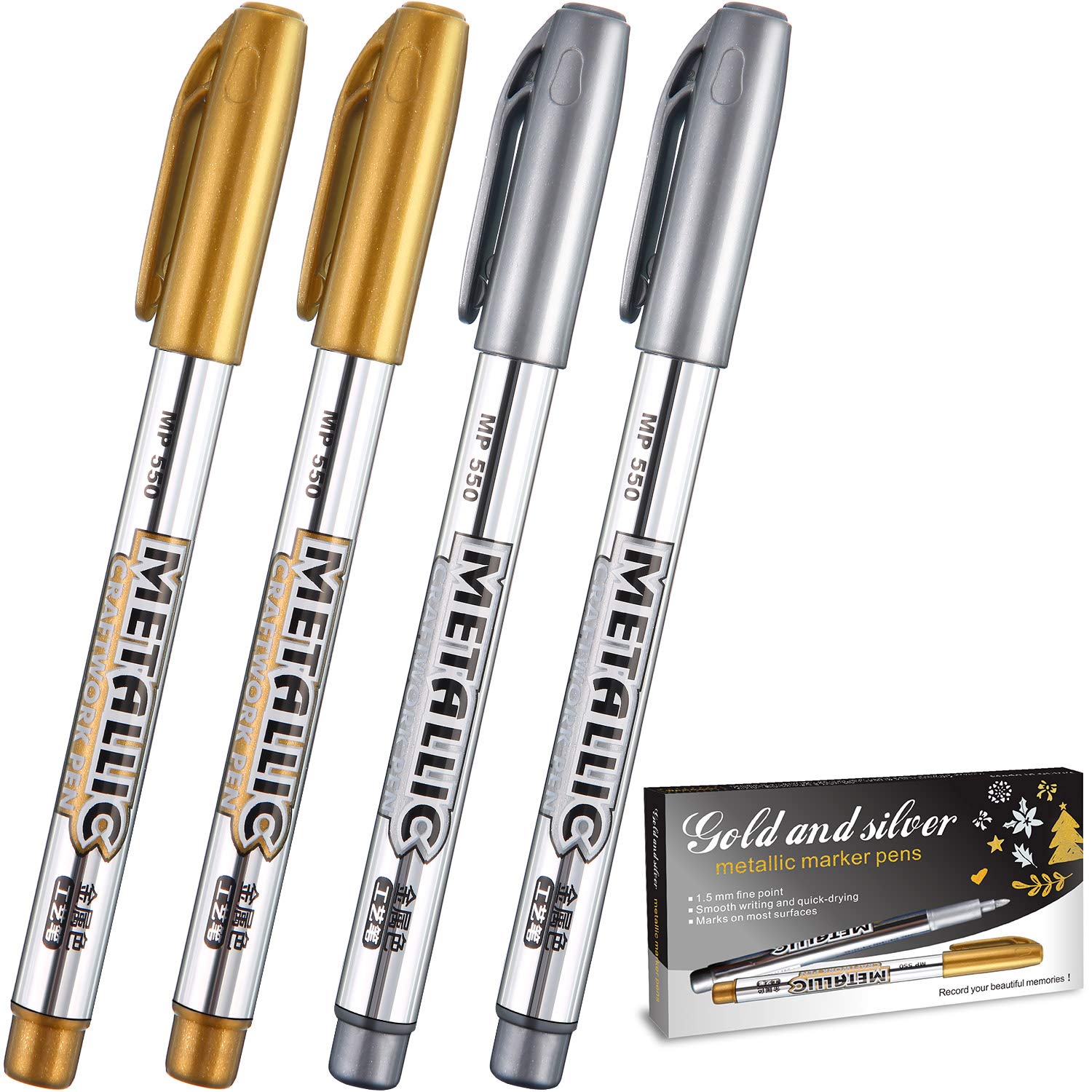 Gold and Silver Metallic Marker Pens, Metallic Permanent Markers Suitable for Cards Writing Signature Lettering Metallic Painting Pens (4)
