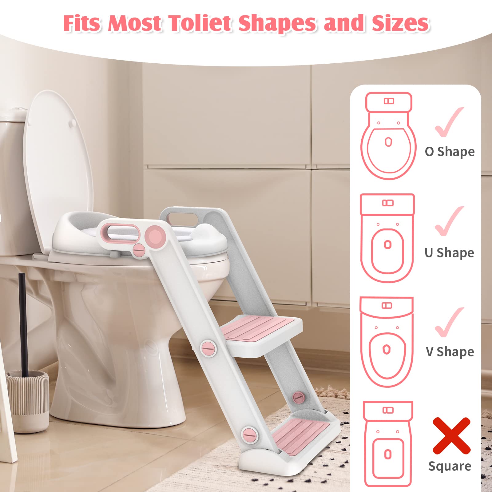 Victostar Potty Training Seat with Step Stool Ladder, Foldable Potty Training Toilet for Kids Boys Girls Toddlers-Comfortable Cushion Safe Handle Anti-Slip Pads