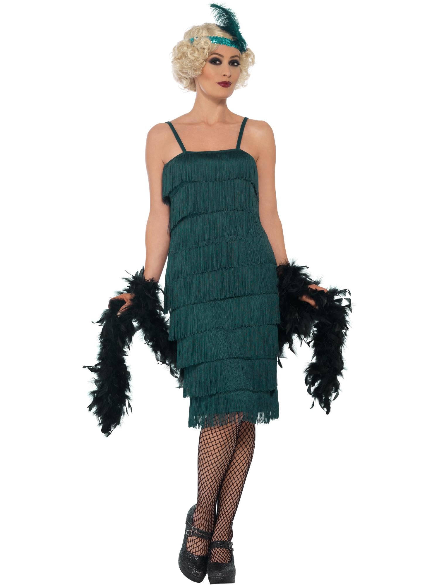 Smiffys Flapper Costume, Green with Long Dress, Headband & Gloves, 1920's Razzle Fancy Dress, Adult Dress Up Costumes