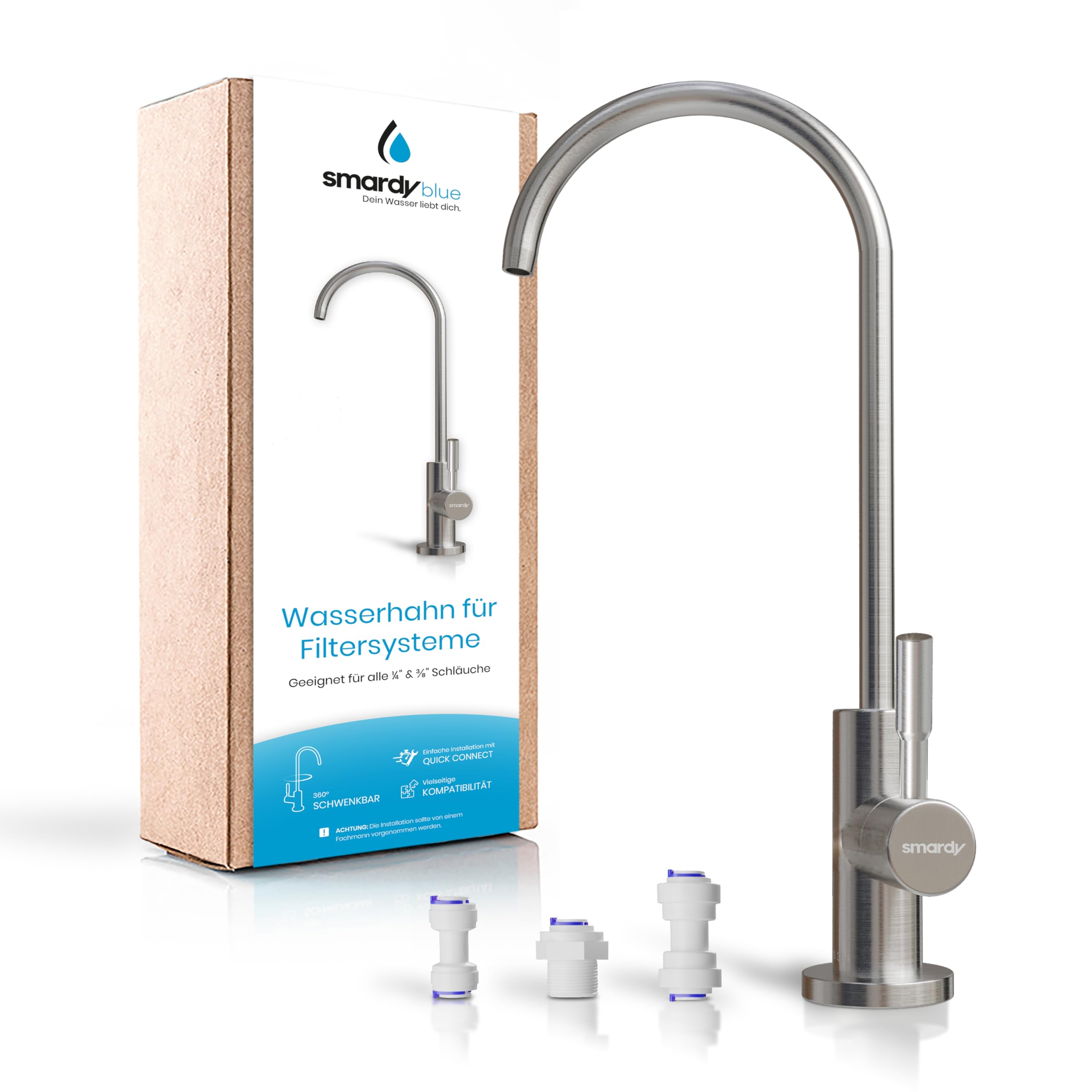 smardy UNO201 Kitchen Faucet Stainless Steel, 360° Swivel for Reverse Osmosis (RO), Filtered Drinking Water 1/4Zoll - 6,35mm