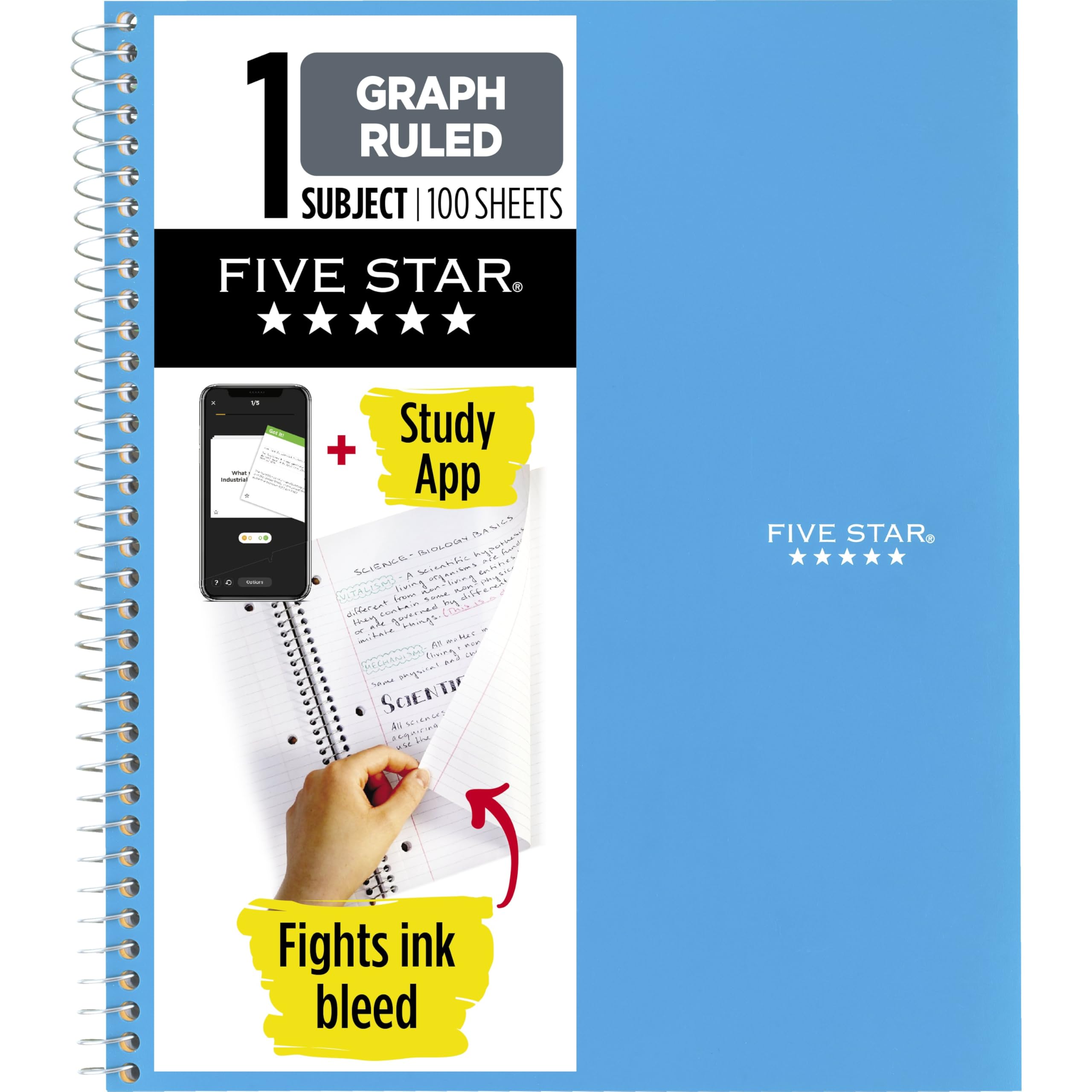 Five Star Spiral Notebook + Study App, 1 Subject, Graph Ruled Paper, Fights Ink Bleed, Water Resistant Cover, 8-1/2" x 11", 100 Sheets, Tidewater Blue (06190AA4)