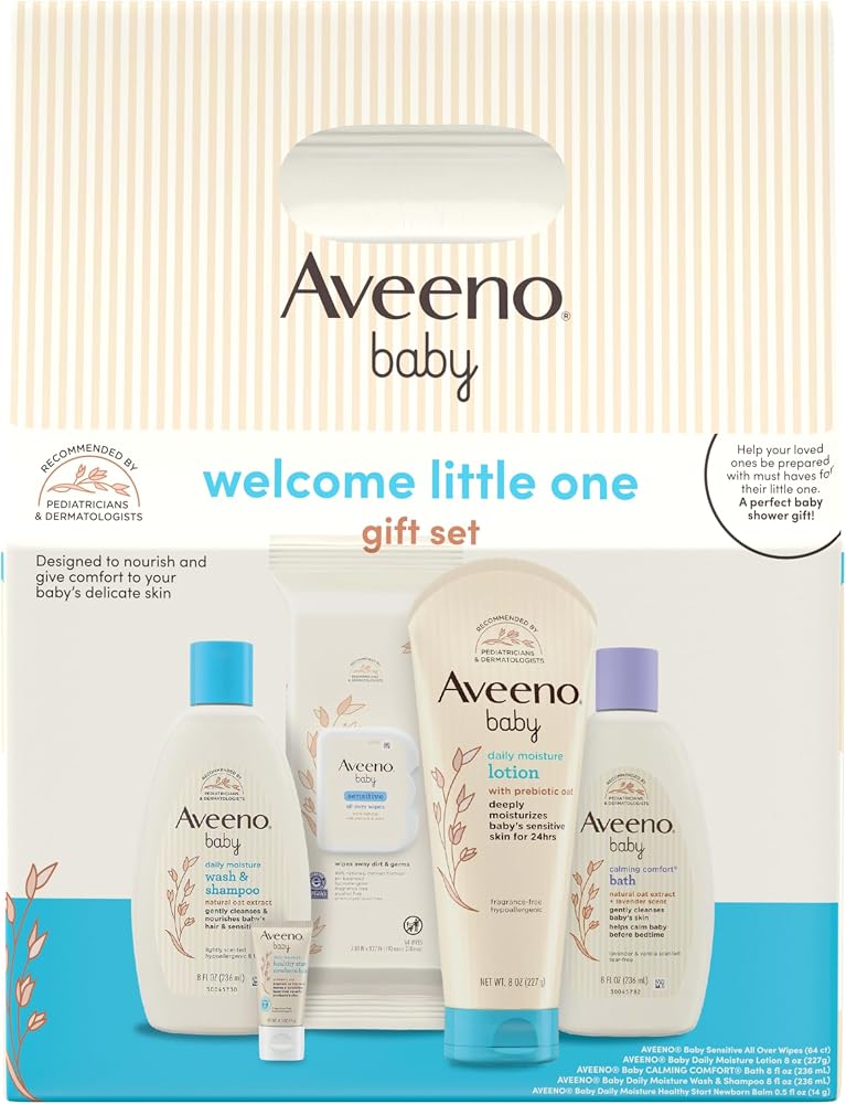 Aveeno Baby Welcome Little One Gift Set, Baby Essentials Set, 5 Items | Daily Moisture Baby Body Wash and Shampoo, Calming Co