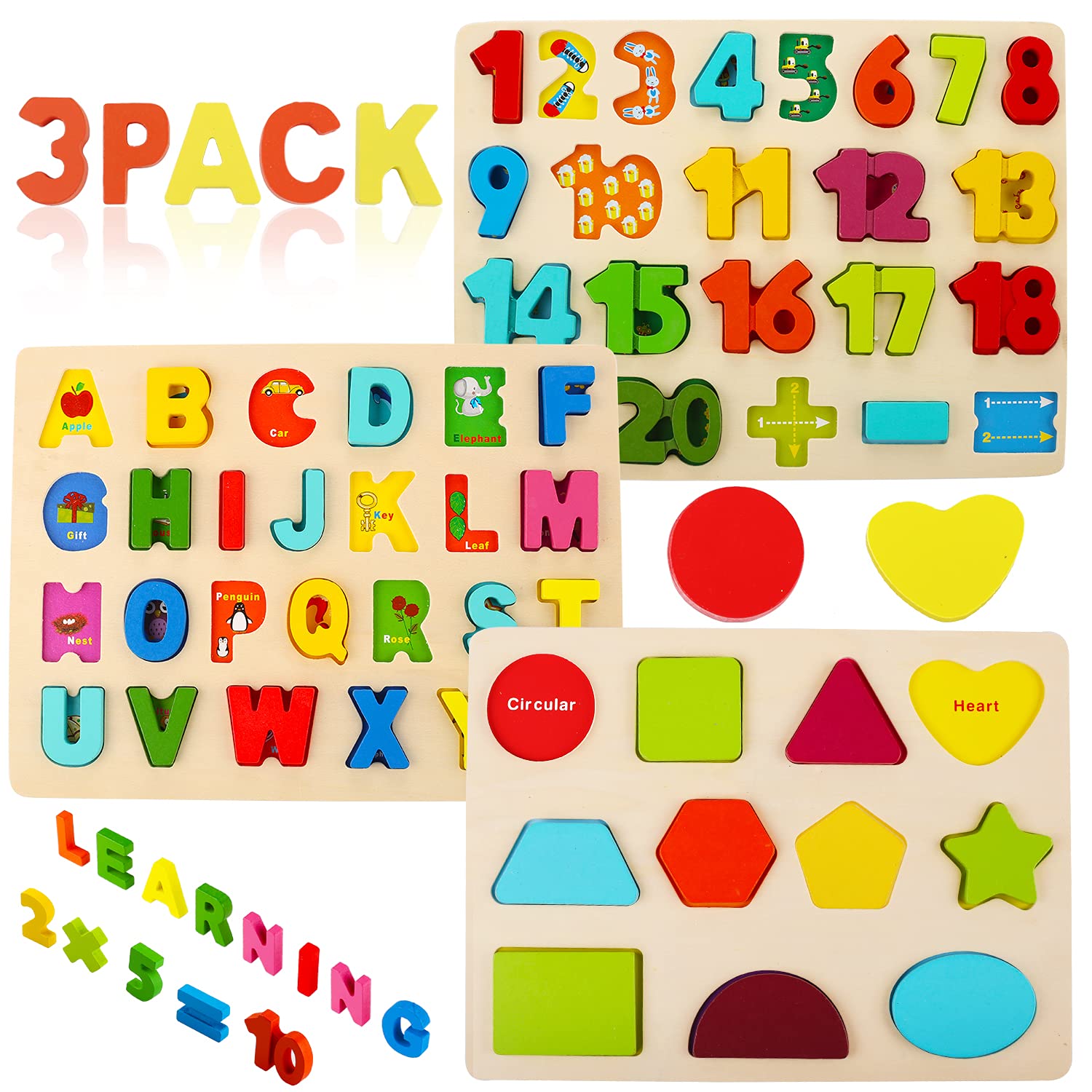 Voamuw Wooden Puzzles for Toddlers, Wooden Alphabet Number Shape jigsaw for 3 4 5 Year olds Kids, Montessori Toys Learning Educational Gift for Boys Girls (Set of 3)
