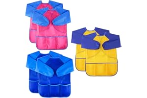 Zkptops 6 Pack Kids Art Smocks Waterproof Kids Painting Aprons Toddler Art Smock Kids Paint Smock with Long Sleeve 3 Roomy Pockets for Age 3-7 Years