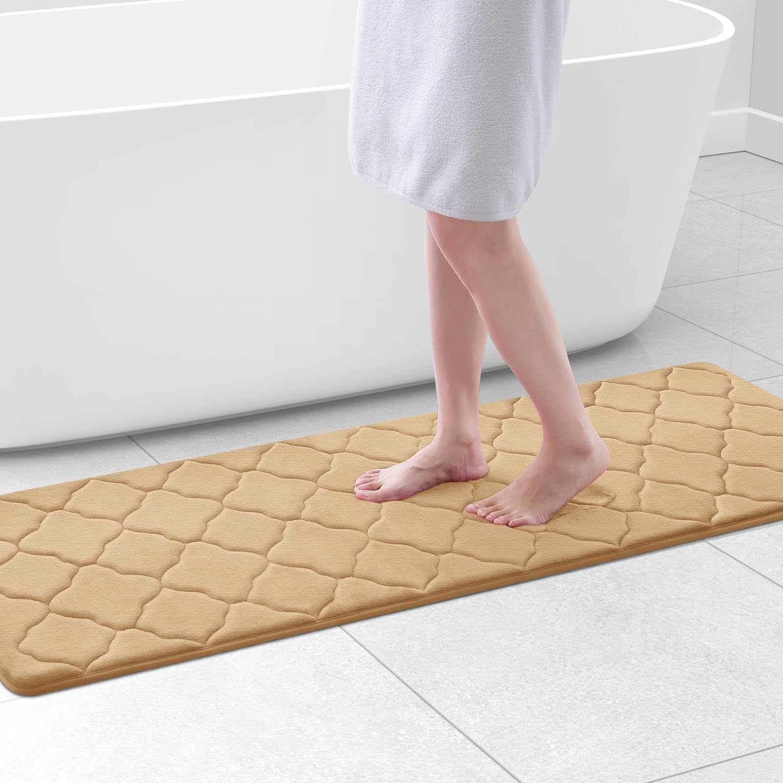 Photo 1 of OLANLY Memory Foam Bath Mat Rug 59x20, Ultra Soft and Absorbent Bathroom Rugs, Non-Slip, Comfortable, Machine Washable Bath Carpet for Bathroom Floor, Tub, Shower and Home Decor Accessories, Beige