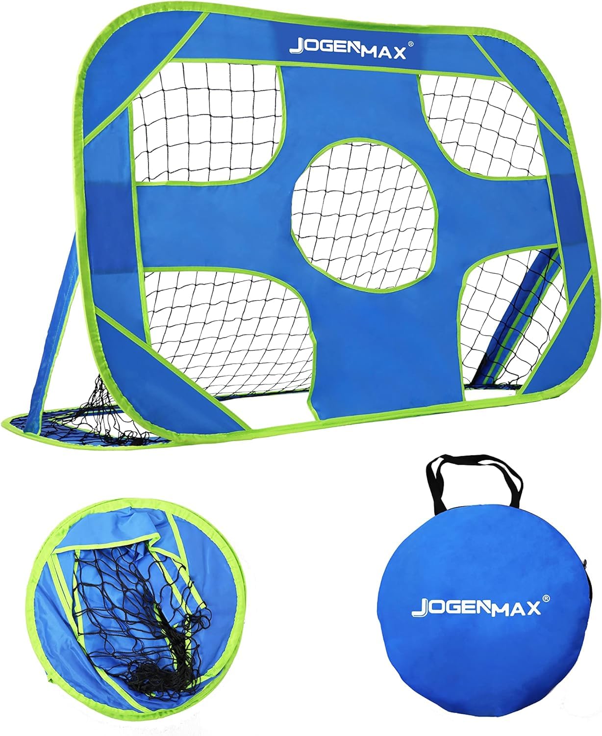 JOGENMAX Football Goal, 2 in 1 Pop Up Football Goal, Foldable Football Goal with Goal Wall and 5 Shot Holes for Football Training Garden, Backyard