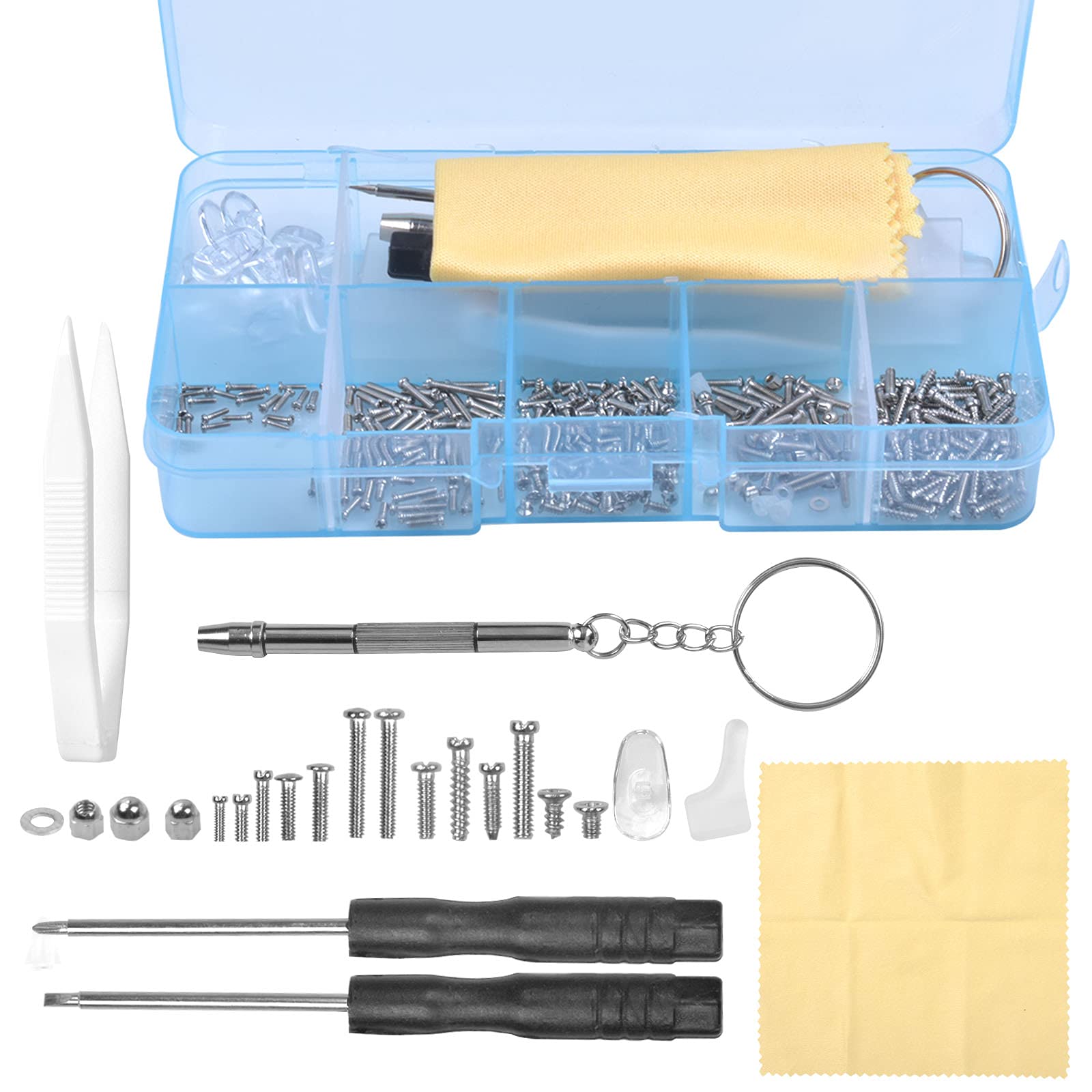 500 Pcs Eyeglass Sunglasses Spectacles Repair Tool Kit Set, Glasses Repair Kit with Mini Screwdriver, Screws Nut, 10 Pairs of Nose Pads, Glasses Cloth, Ear Hooks, Tweezers for Glasses Watch Repair