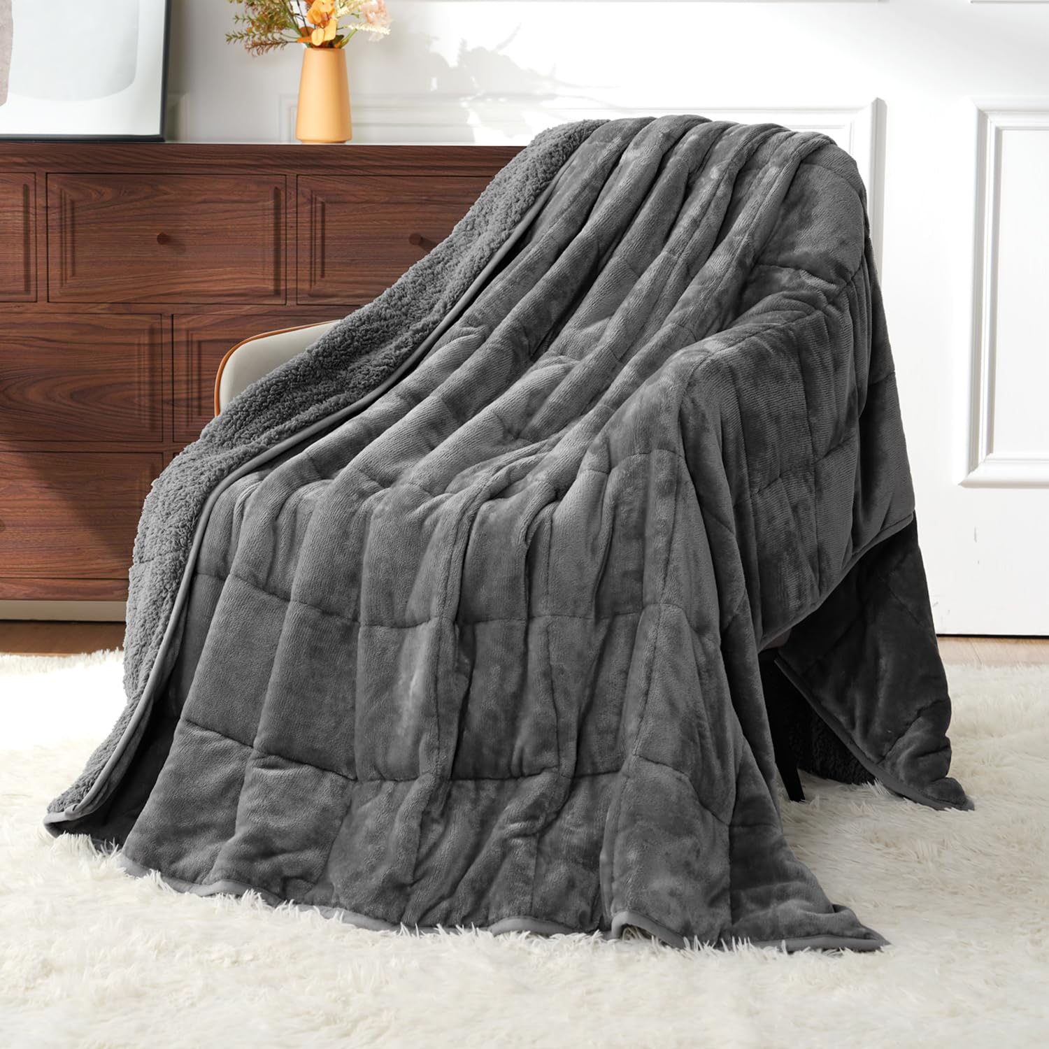 Photo 1 of Uttermara Weighted Blankets for Adults Queen Size, 15lbs 60x80 inches Blanket with Soft Warm Plush Sherpa Fleece, Washable Thick Heavy Throw for Sleep, Anxiety and Calming, Grey