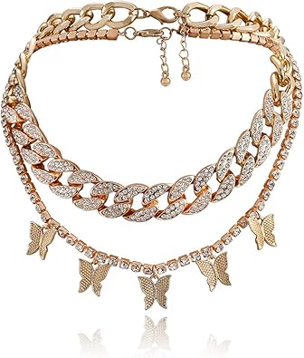 Download Amazon Com Dainty Butterfly Choker Necklace Rhinestone Butterfly Pendant Chunky Necklace Hip Pop Cuban Bling Cz Crystal Double Layer Chain Necklace Fashion Jewelry Gift Night Bar Party For Women Girls Gold Jewelry