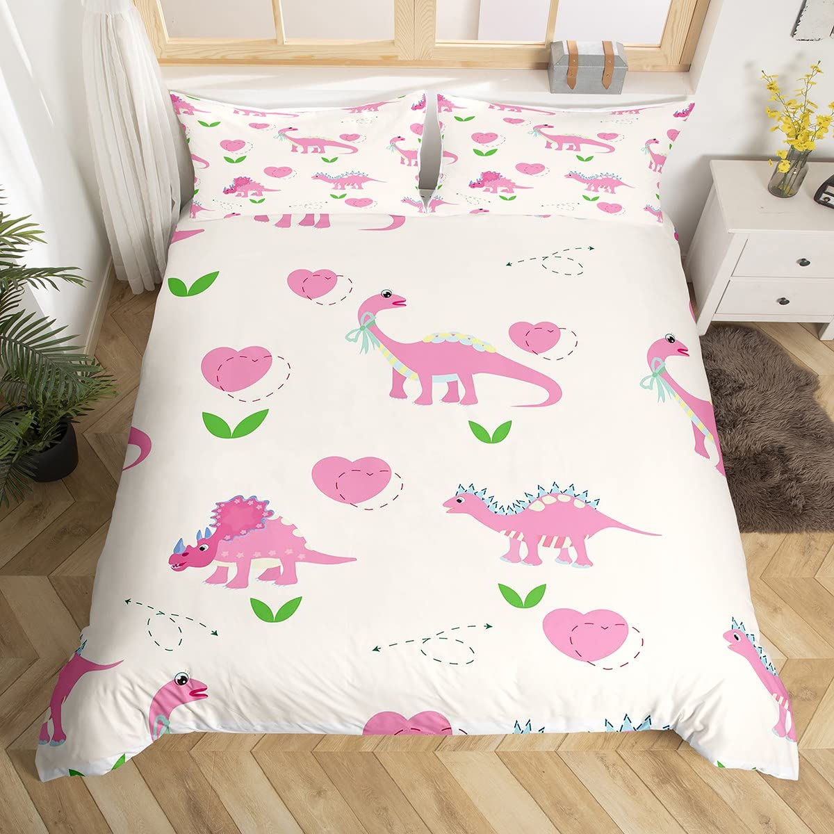 Loussiesd Girls Cartoon Dino Bedding Set Kawaii Pink Dinosaur Duvet Cover For Kids Children Teens 3D Cute Aniamls Comforter Cover Sweethert 3Pcs Double Size