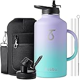Trebo 64oz Water Bottle Insulated with Straw Lids,Half Gallon Double Wall Vacuum Stainless Steel Metal Large Jug with Handle,Wide Mouth Flask Mug with Carry Pouch,Keep Cold Hot,Ombre: Purple Green