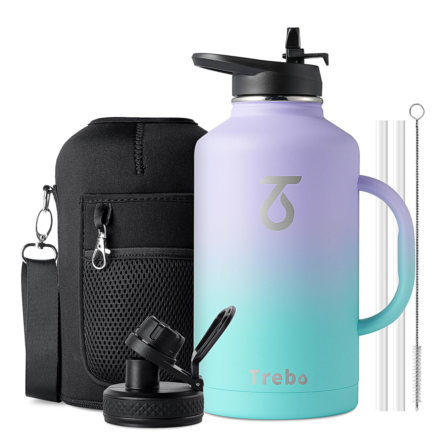 Trebo Stainless Steel Insulated 2L Water Bottle - Large Metal Bottle with Handle, Wide Mouth, Keeps Cold for 48 Hours - Purple Green