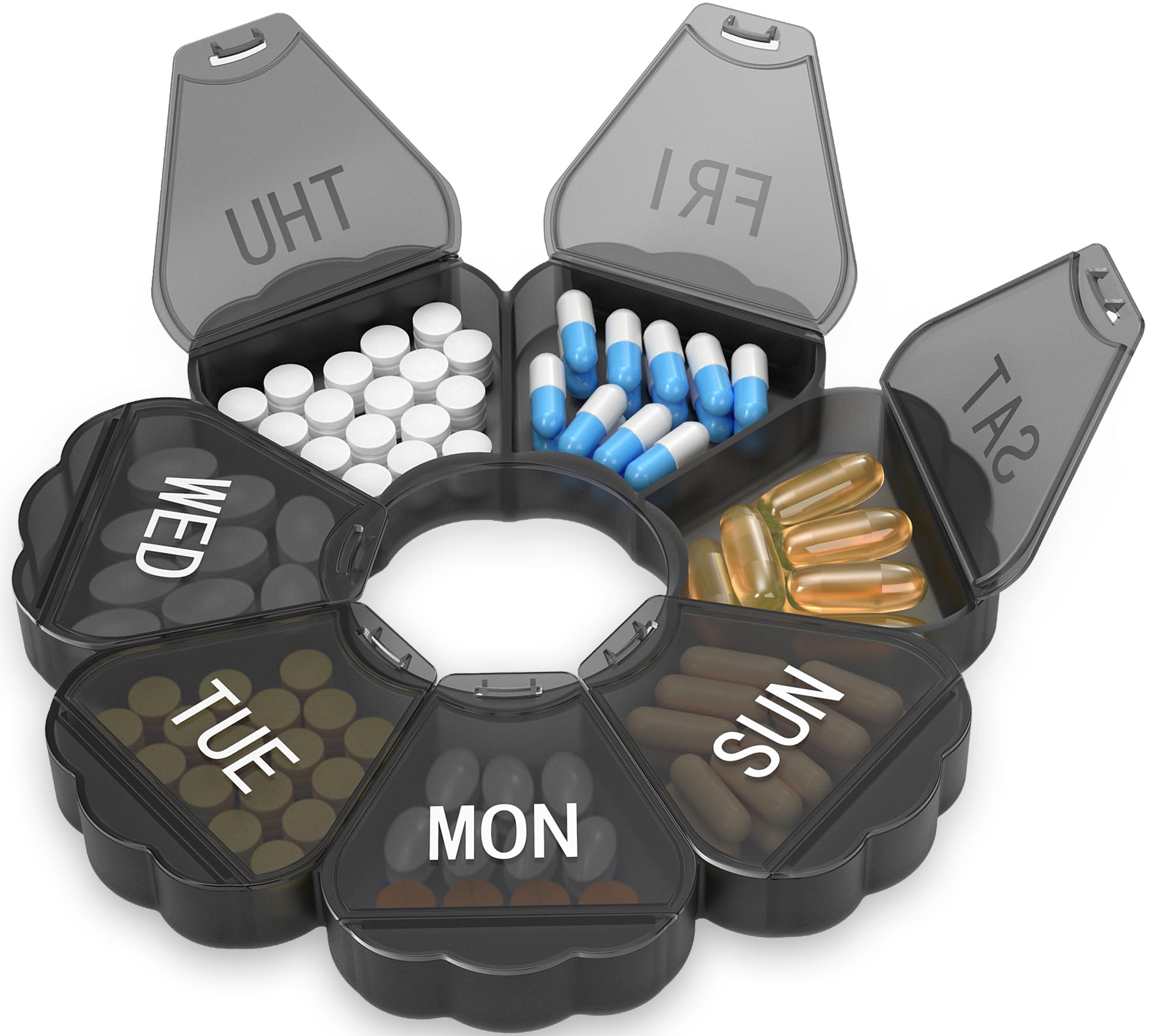 Photo 1 of ?????? ???? ?????????, Thinned and Enlarged 7 Day Pill Organizer, Cute Daily Pill Box with Large Compartment for Travel, Pill Container for Medication/Fish Oil/Supplements(Black)