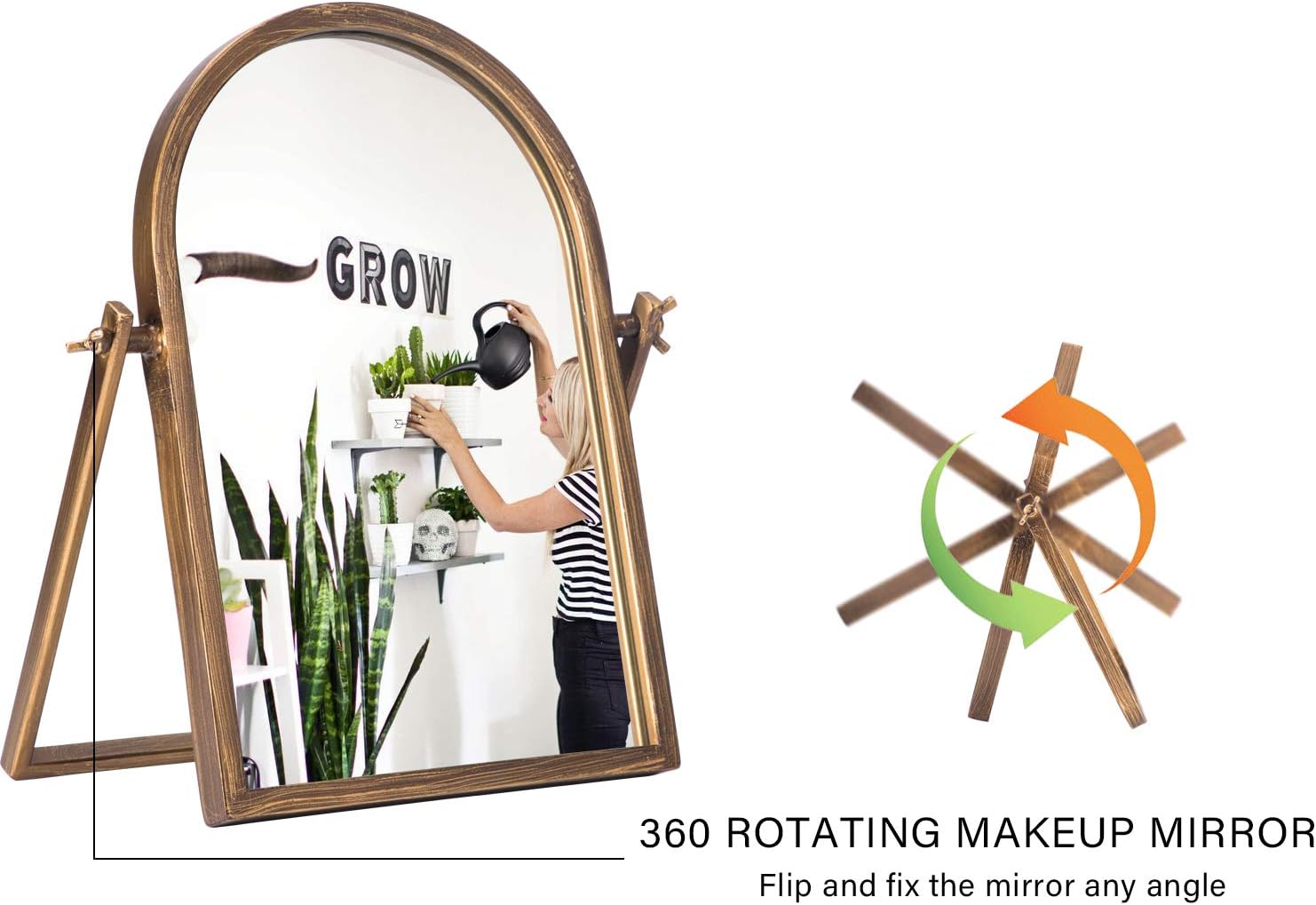 Geloo Vintage Vanity Mirrors Decor - Desk Makeup Antique Mirrors 360 Adjustable Rotation,Golden Metal Framed 10" Small Standing Mirror, for Tabletop Decor, Office, Bedroom, Bathroom, Living Room: Furniture & Decor