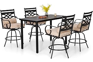PHI VILLA 5 Piece Patio Bar Set,Outdoor Bar Table and Chairs Set, Strong and Heavy Duty Outdoor Bar Set with Cushion and Pillow，4PC Swivel Bar Stools with Rectangular Bar Height Table