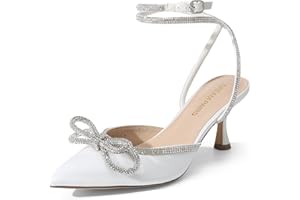 DREAM PAIRS Women's Kitten Heels Rhinestone Bow Ankle Strap Pointed Close Toe Wedding Party Dressy Pumps