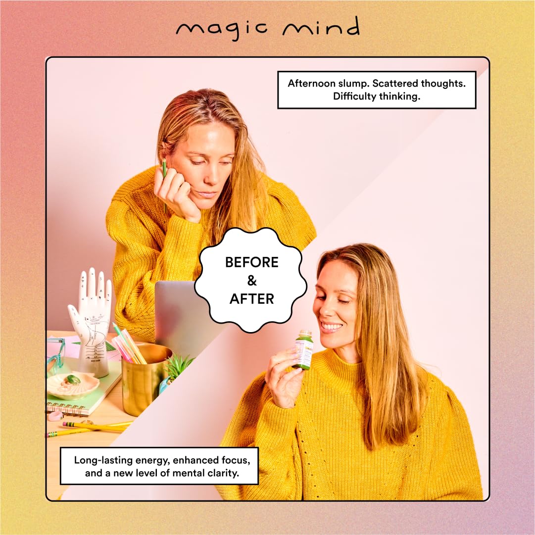 Magic Mind Focus Energy Drink Shots - No Jitters, Stress Relieving, Ashwagandha, Functional Mushrooms, Matcha Green Tea, Vitamin B12, Vitamin C - 2 FL Oz (30 Pack)