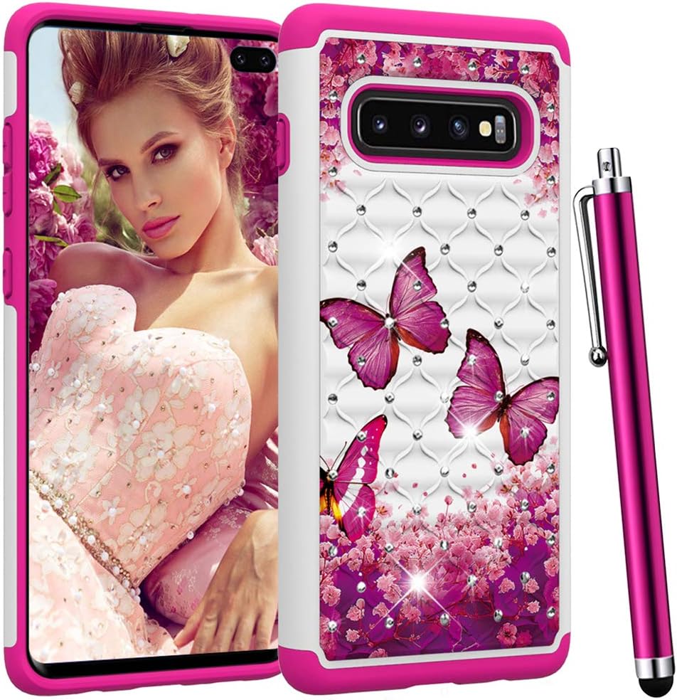 CAIYUNL Case for Samsung Galaxy S10 Plus Luxury Bling Studded Rhinestone Glitter Women Girls Dual Layer Shockproof Hard PC & TPU Protective Phone Cover for Galaxy S10+ Plus[Not S10]-Hot Pink Butterfly