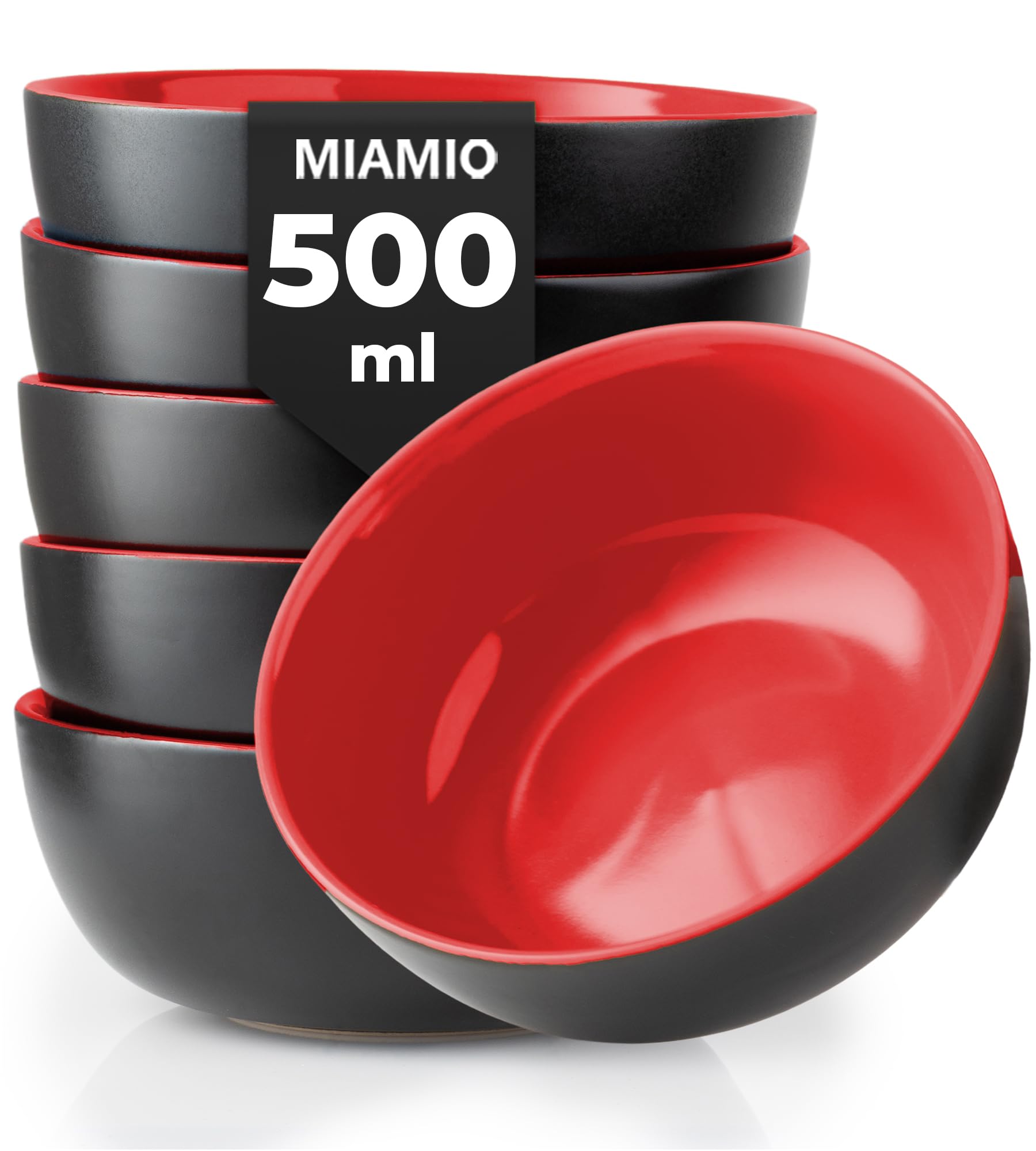 MIAMIO - 6 x 500 ml Stoneware Bowl Set Outside Black Inside Colourful - Le Papillon Collection (Red)