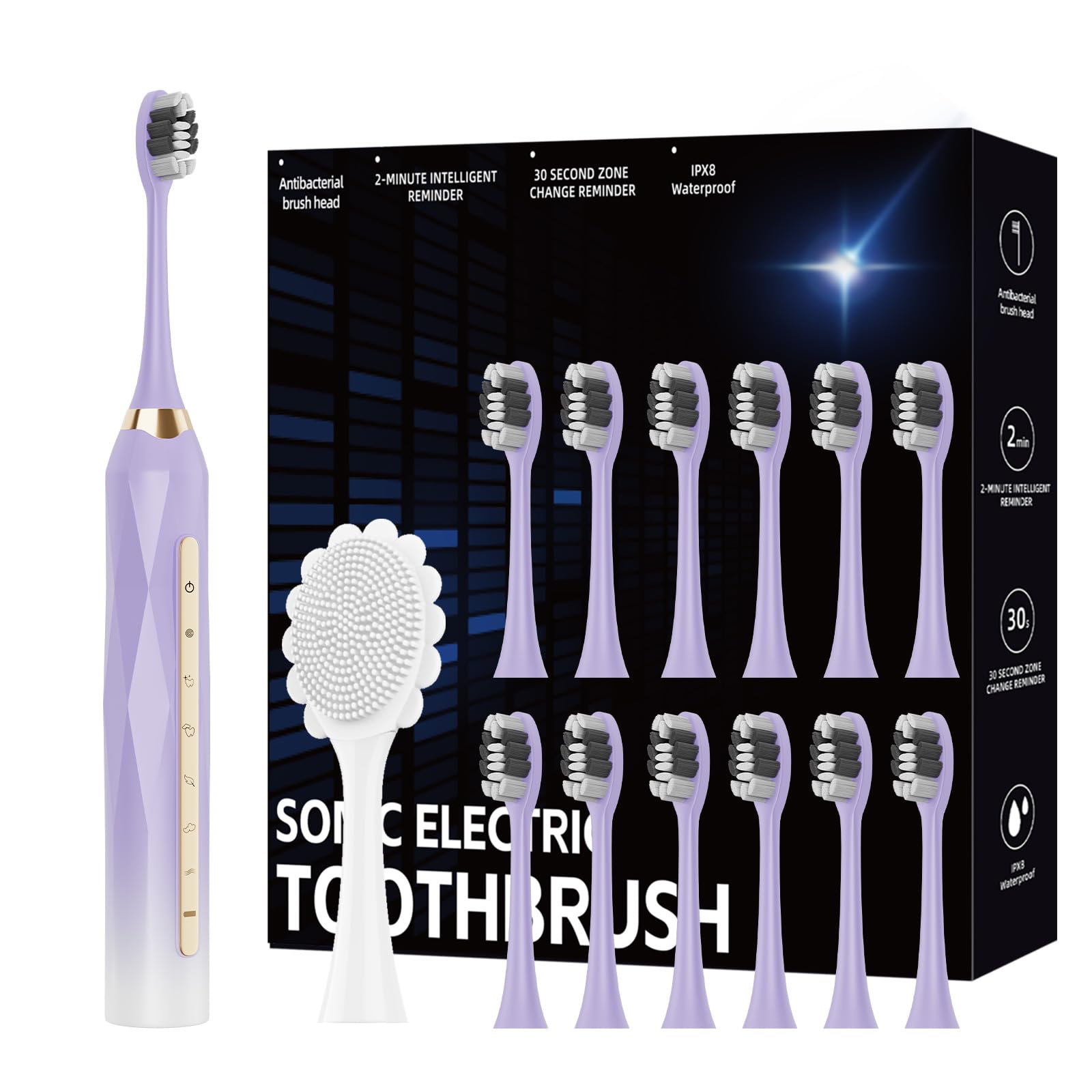 Adult Sonic Electric Toothbrush, USB Rechargeable Sonic Toothbrush, with 12 Brush Heads, 5 Modes, Equipped with Cleaning Brush, Brushing and Washing Two in one