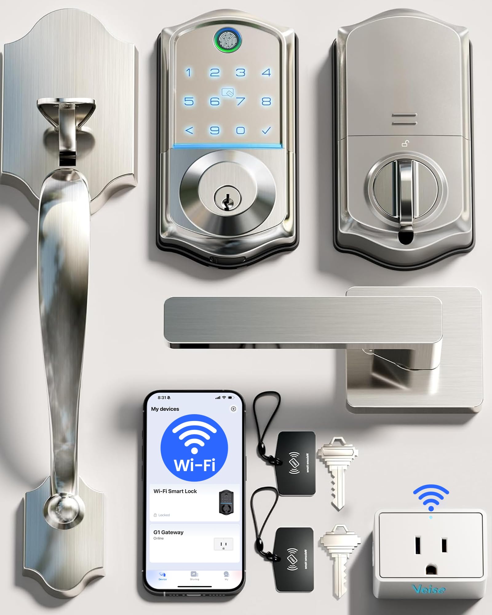 Photo 1 of Veise VE017G-H Wi-Fi Smart Fingerprint Front Door Lock Set, Remote App Control, Keyless Entry Deadbolt with Handle, Backlit Keypad, IP55 Weatherproof, Auto Lock, Easy to Install, Satin Nickel