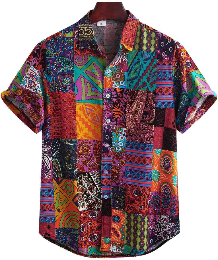 Men's Vintage Ethnic Shirt Casual Button Down Shirts for Men for Hawaiian Holiday Floral Tribal Short Sleeve Tops