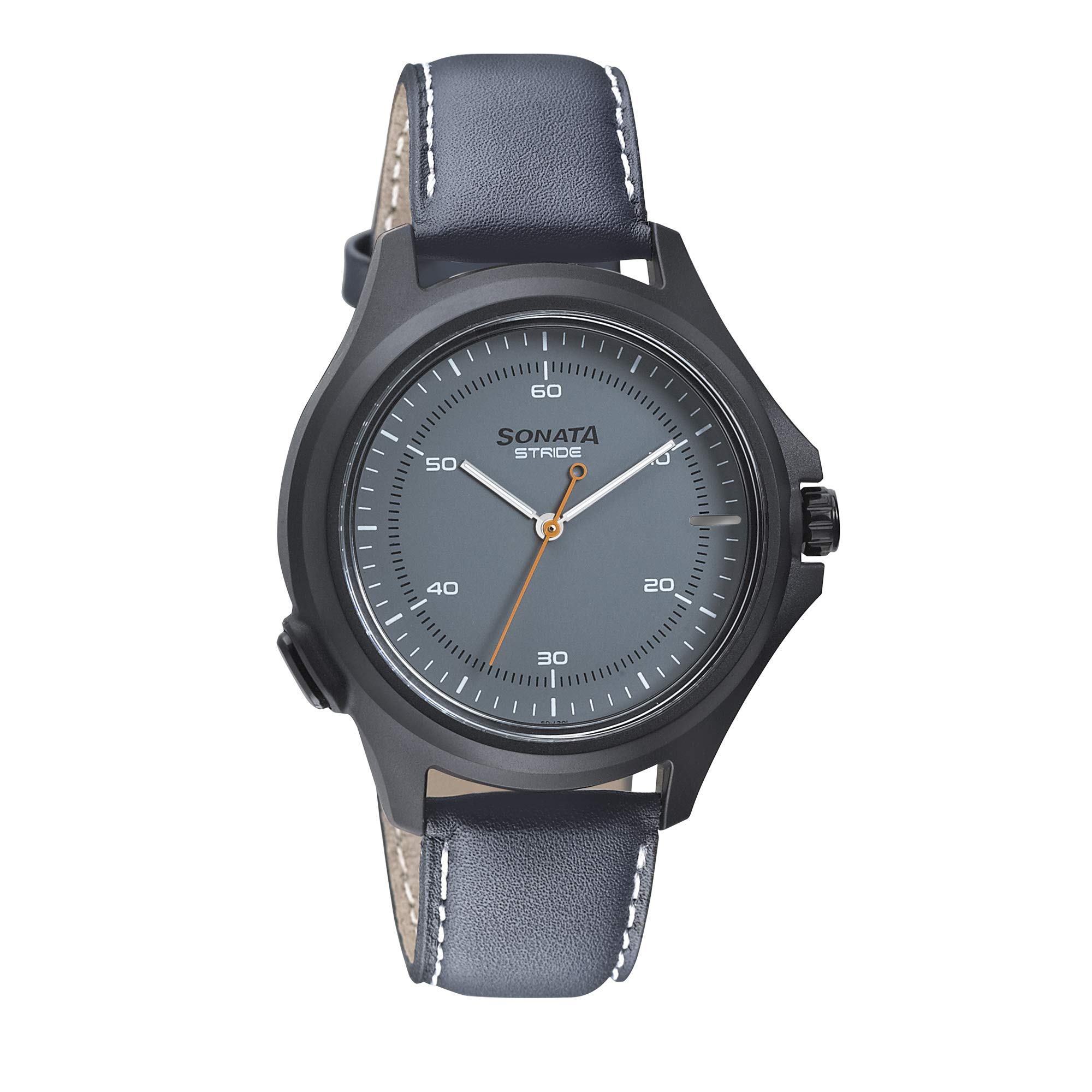 Sonata Men Leather Stride Analog Grey Dial Watch-7130Pl02 / 7130Pl02, Band Color-Blue