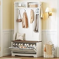 HOOBRO Hall Tree with Bench, Entryway Bench with Coat Rack and Shoe Cabinet, Flip Drawers, Farmhouse Hall Tree with Shoe Orga