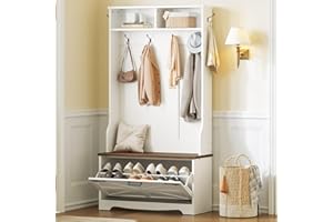 HOOBRO Hall Tree with Bench, Entryway Bench with Coat Rack and Shoe Cabinet, Flip Drawers, Farmhouse Hall Tree with Shoe Orga